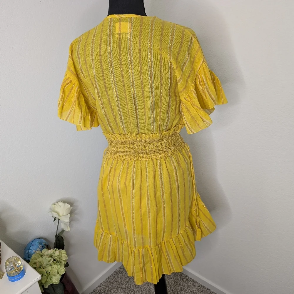 💘 Saylor Adrianne Ruffle-Sleeve Yellow Metallic Mini Dress - Picture 3 of 5